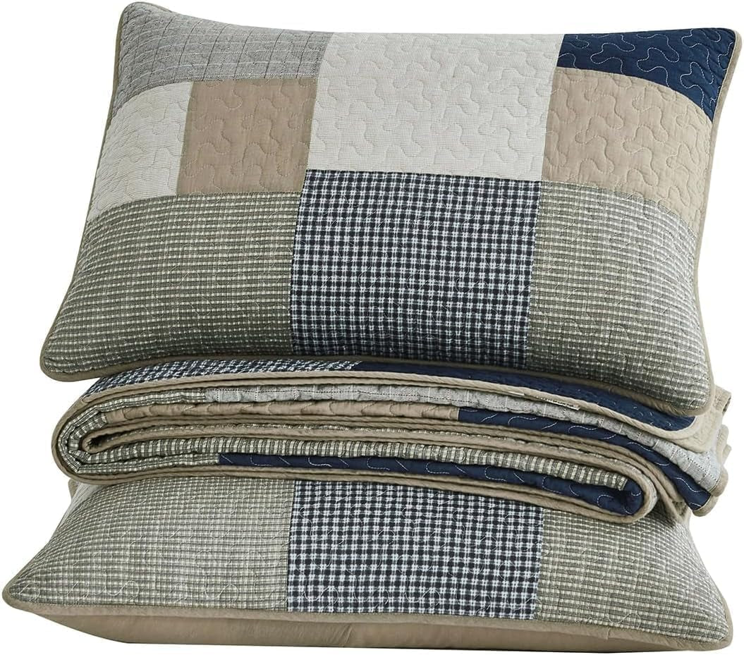 Chezmoi Collection Addy Patchwork Quilt Set bumbac pre-spălat, ușor, reversibil, pentru toate anotimpurile, supradimensionat, 3 piese, albastru marin, alb, gri, taupe, în carouri Plapumi si pilote Naty Shop