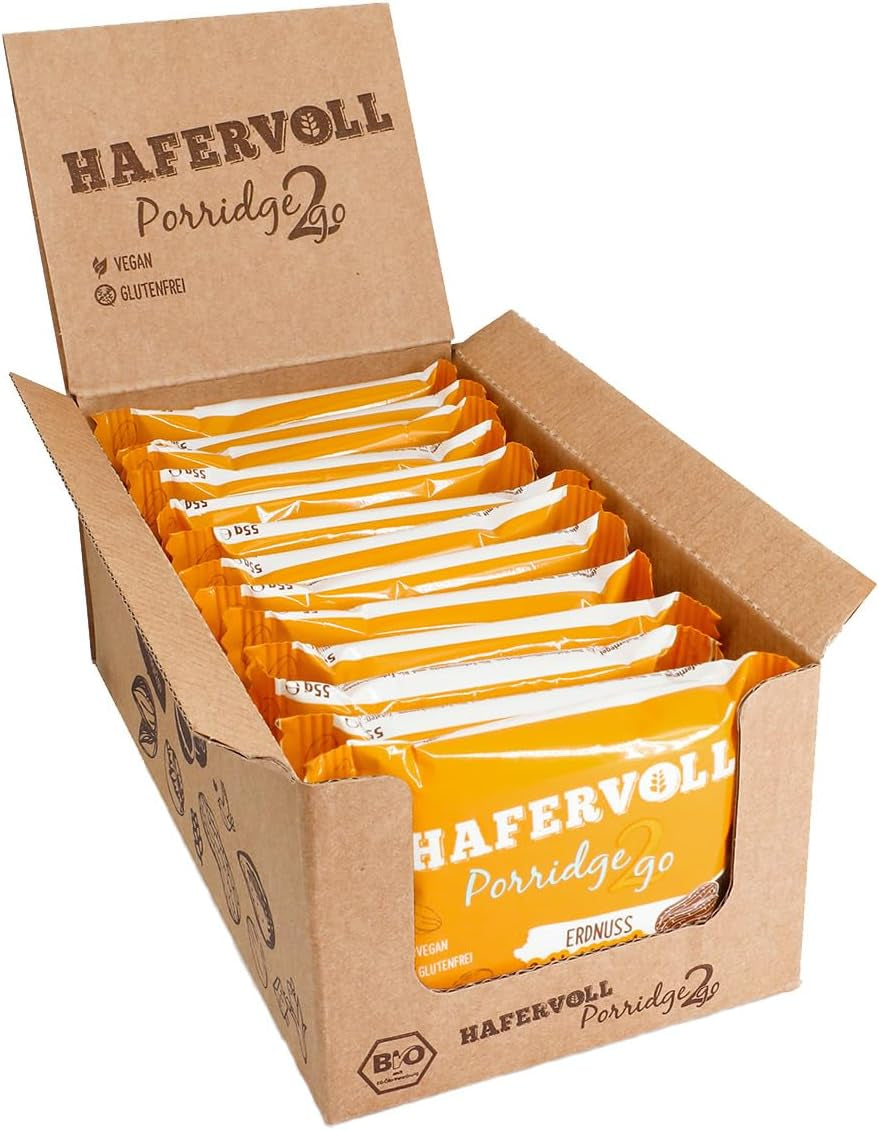 Hafervoll Porridge2go Unt de alune și nuci, 13 batoane x 55g - Vegan, Organic, Fără gluten, Gustare fără zahăr adăugat, cu ovăz, curmale și bomboane de quinoa