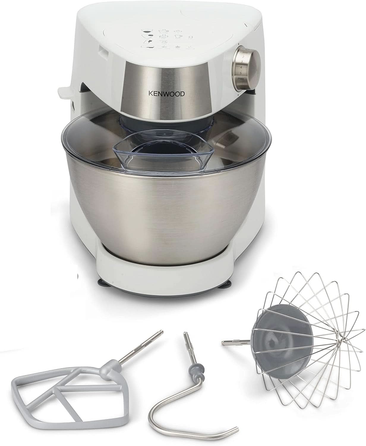 Kenwood Prospero+ KHC29A.R0SI Küchenmaschine, 4.3 L Edelstahlschüssel, Inkl. 10-teiliges Zubehör-Set mit Fleischwolf, Glas-Mixer, Zitruspresse, Entsafter und mehr, inkl. Easyweigh Waage, 1000W, Silber Mutter und Kind Naty Shop Weiß Inkl. 3 Zubehörteile
