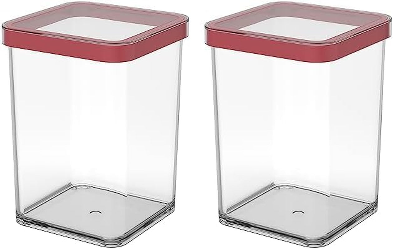 Rotho Loft set de 5 borcane de depozitare cu capac, diferite dimensiuni, plastic alimentar (PP) fără BPA, transparent/roșu, (21,4 x 21,4 x 23,5 cm) Cutii depozitare alimente Naty Shop 1 litru pătrat (pachet de 2)