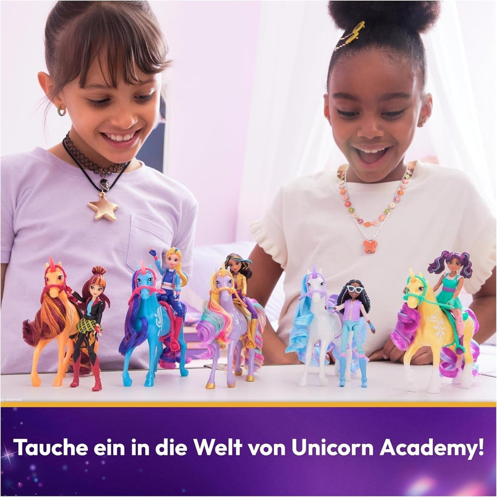 Unicorn Academy AVA und Unicorn Leaf Set – ca. 12 cm große Originalfiguren aus der beliebten Netflix-Serie. Mit zwei Accessoires und Haarbürsten. Für fantasievolles Rollenspiel, für Kinder ab 4 Jahren. Actionfiguren von Naty Shop