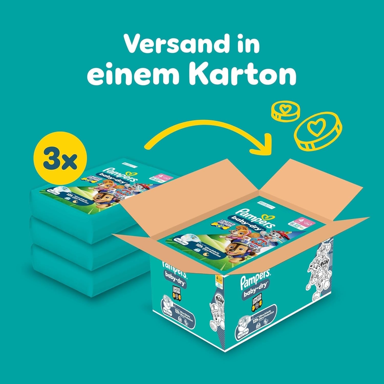 Scutece Pampers Baby-Dry Ediția Patrula Cățelușilor, mărimea 4, 222 de scutece, 9 kg - 14 kg, protecție împotriva scurgerilor de până la 100% și confort toată noaptea
