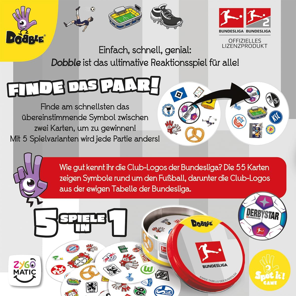 Dobble Bundesliga, joc de familie, joc de cărți, 2-8 jucători, vârste 6+, 15 minute, germană