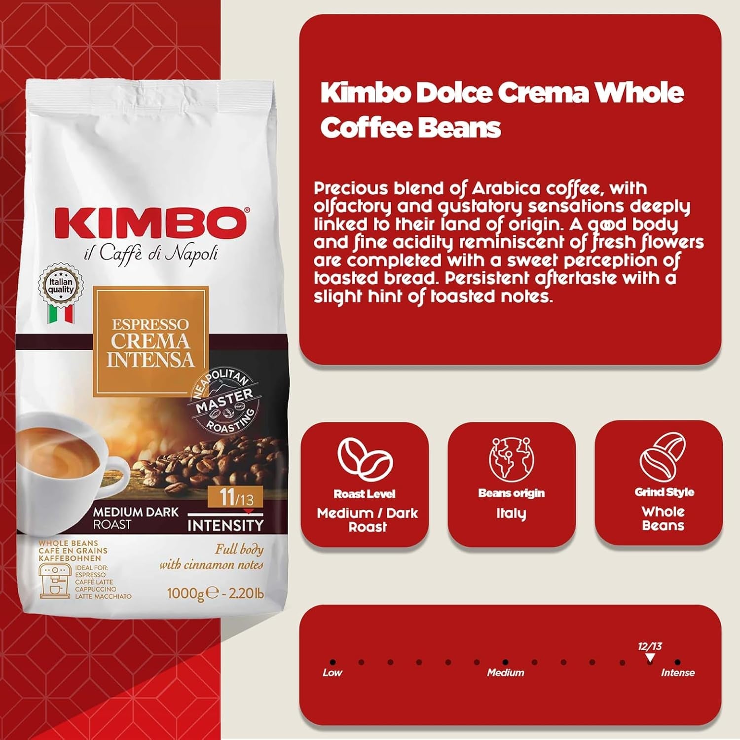 Espresso Crema Intesa, 6 boabe de cafea x 1 kg, amestec corpolent și intens, intensitate 11/13, prăjire medie, 6 pachete a câte 1 kg