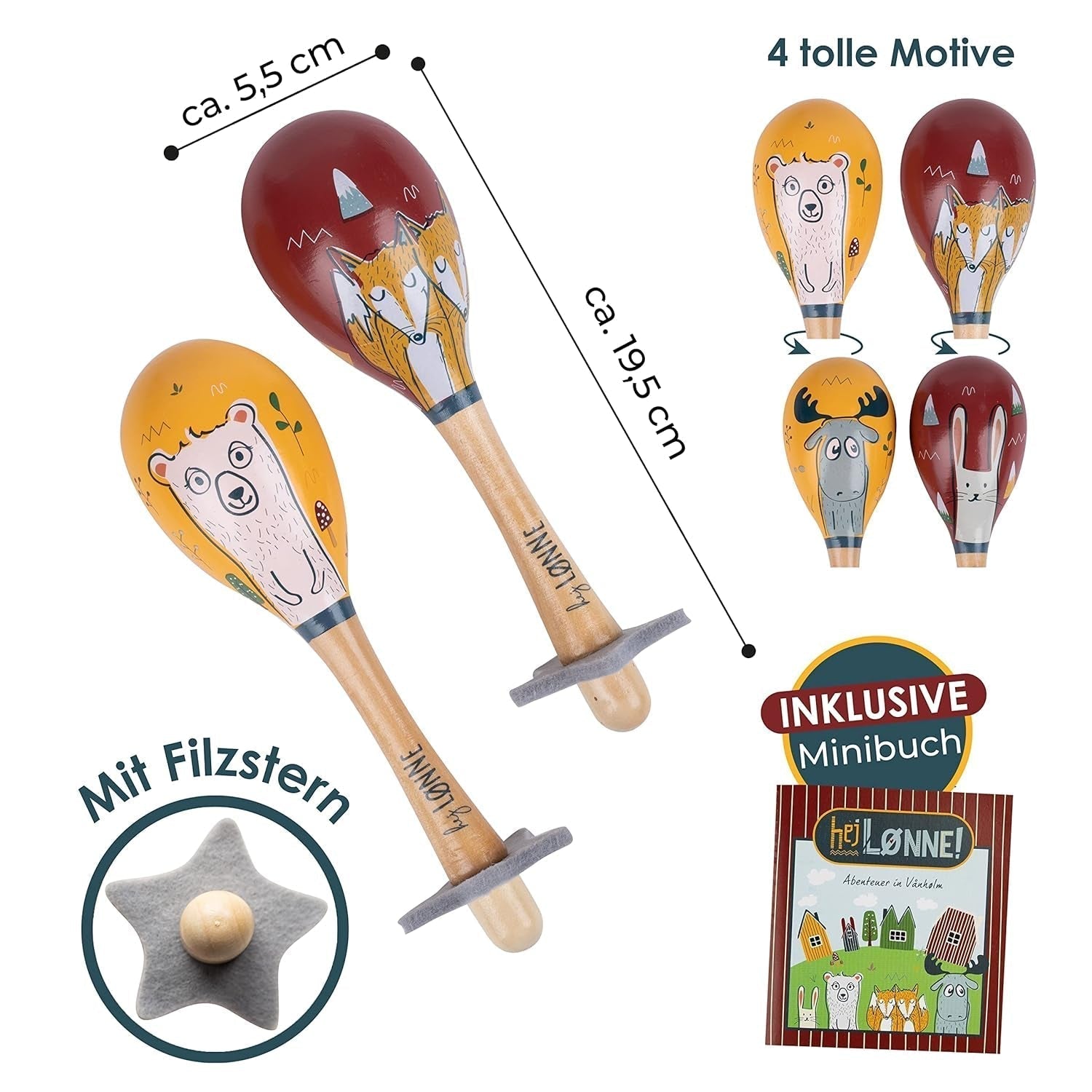 HEJ LØNNE set de 2 clopoței din lemn - Maracas copii - instrument muzical din lemn pentru a promova abilitățile motorii, coordonarea și comportamentul social - clopoțel din lemn pentru copii - jucărie pentru copii Jucarii Bebe Naty Shop
