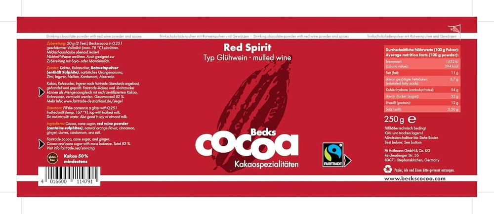 Red Spirit, feiner Kakao mit Rotweingeschmack, 250 Gramm Kakao und heiße Schokolade von Naty Shop