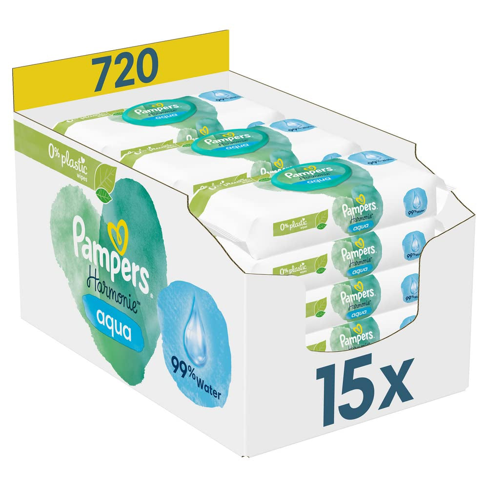 Cutie de șervețele umede Opus Ocean of Discovery și Pampers Harmony Aqua pentru bebeluși, 720 de șervețele (15 x 48), protecție delicată pentru pielea delicată cu 99% apă