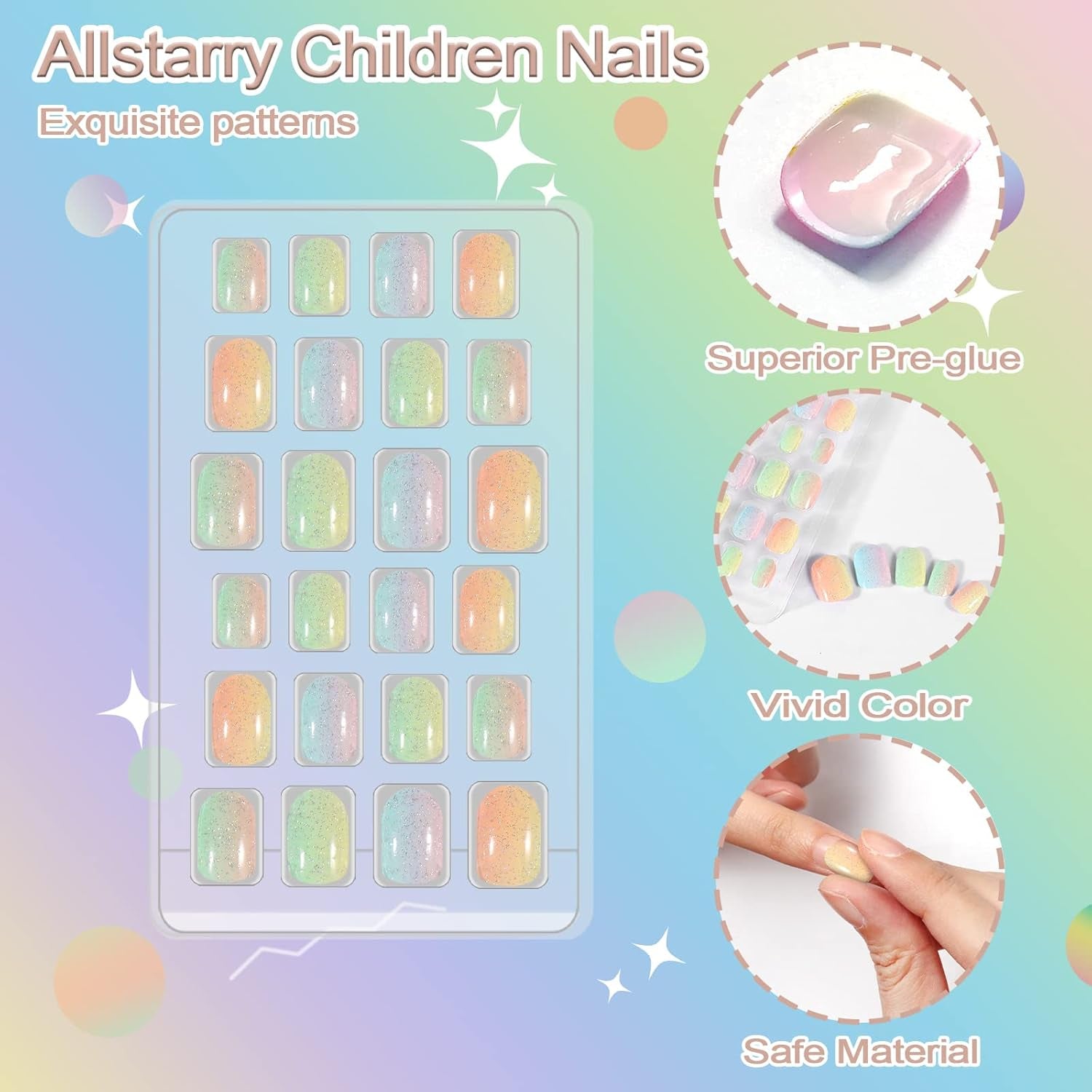 72 bucăți unghii pentru copii, pre-lipite, acoperire completă, sclipici, gradient de culoare, fundă, unghii artificiale scurte, cadou minunat pentru copii și fete, artă pentru unghii - sclipici curcubeu