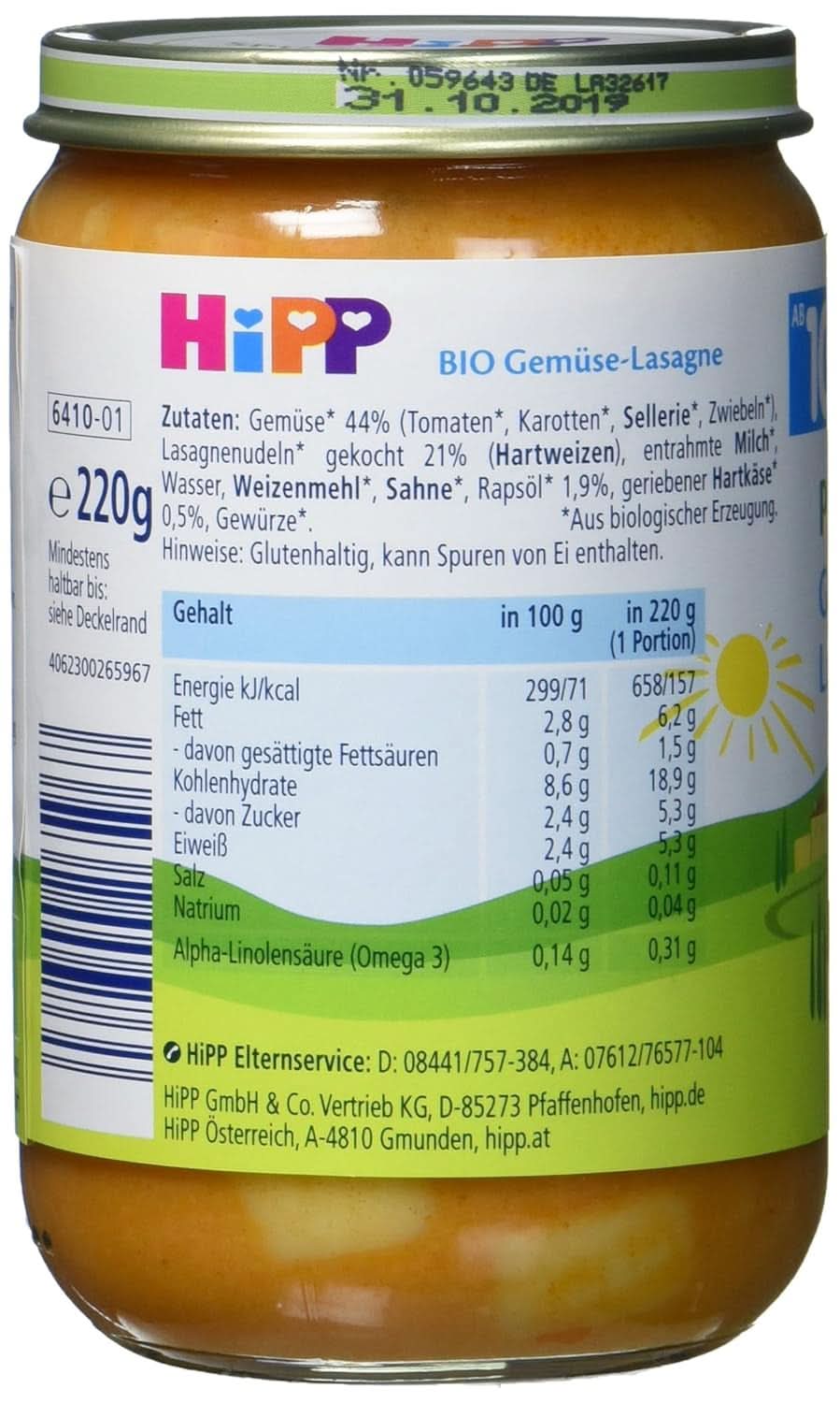 Hipp Pasta Bambini - Lasagne mit Gemüse, 6er Pack (6 x 220 g) Mutter und Kind Naty Shop