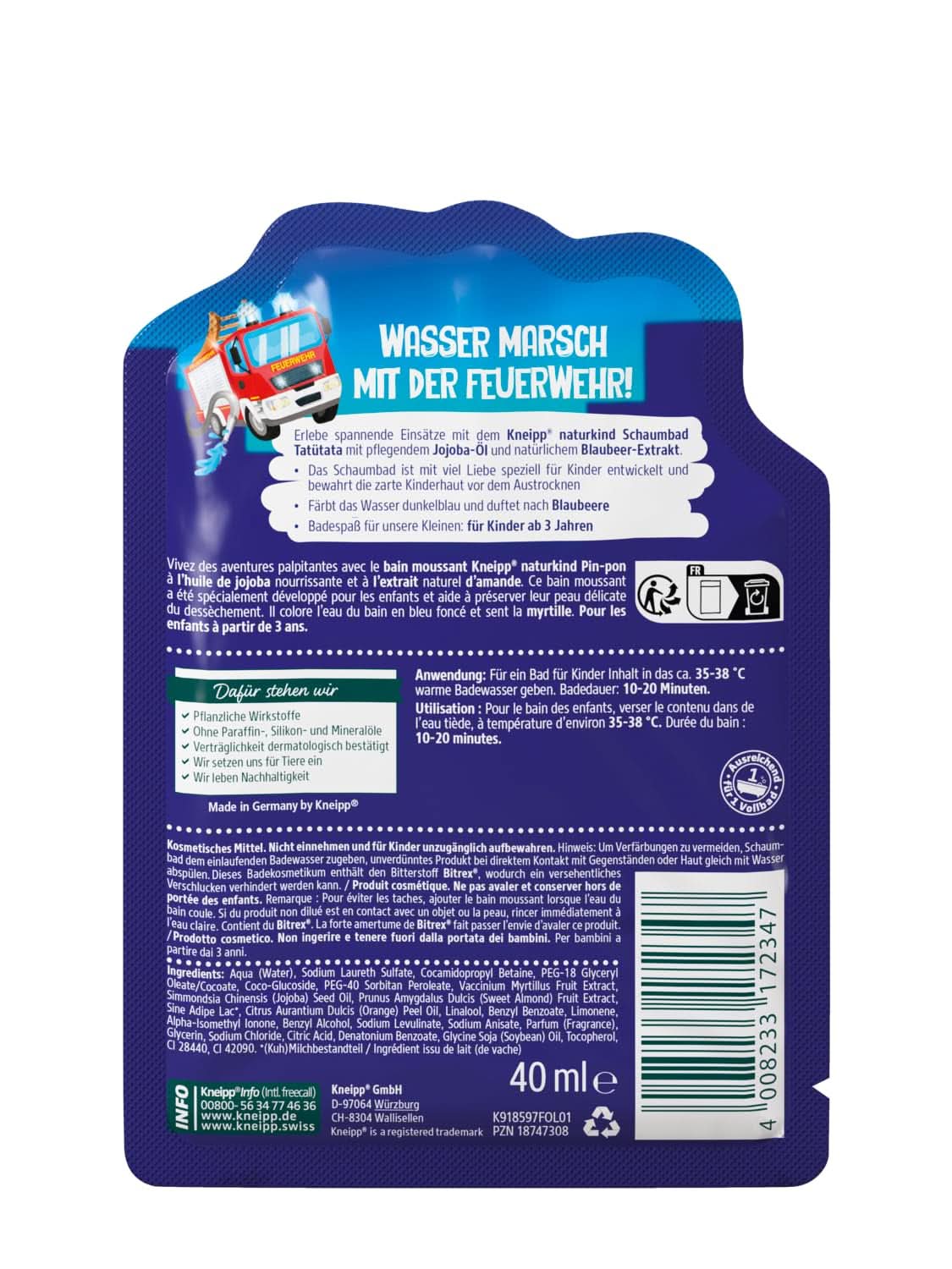 Kneipp Naturkind, aditiv de baie cu ulei de jojoba hrănitor și extract natural de afine, aromă de afine fructate, apă albastră, 40 ml Duș și baie Naty Shop