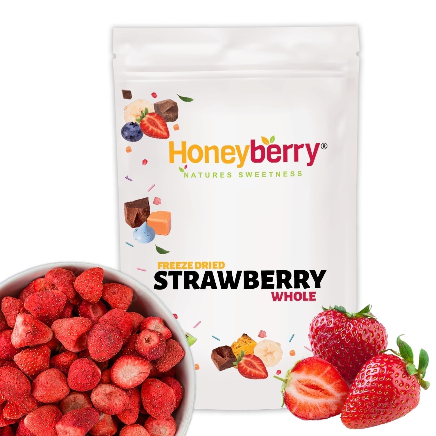 Căpșuni întregi liofilizate 100g - Fructe liofilizate - Fructe uscate liofilizate - Căpșuni uscate - Perfect pentru coacere, decorarea prăjiturilor, gustări, muesli și deserturi Produse deshidratate Naty Shop 100G