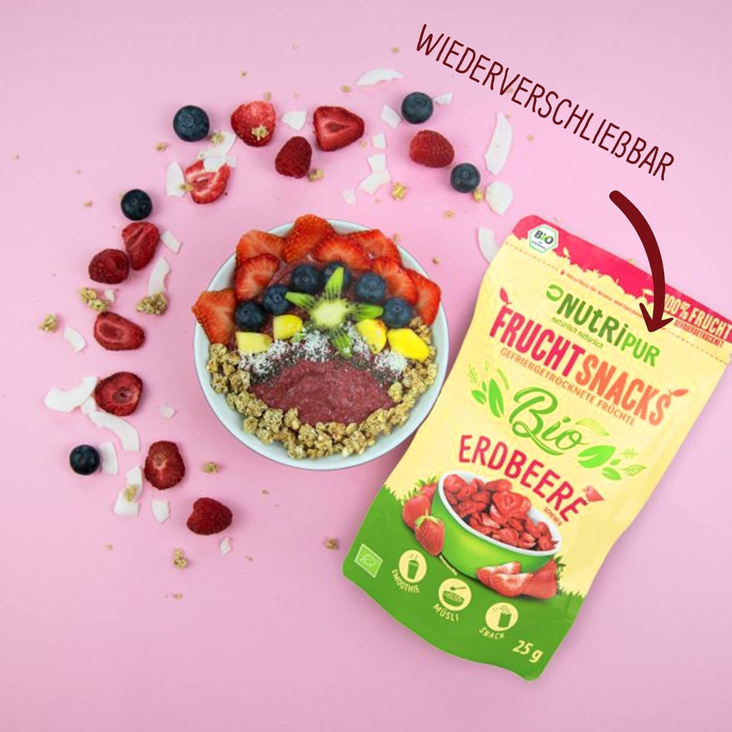 Căpșuni organice liofilizate: 70g căpșuni uscate pentru smoothie bowls, muesli, toppinguri pentru terci - fructe de pădure liofilizate fără zahăr adăugat - căpșuni liofilizate - fructe NutriPur Produse deshidratate Naty Shop