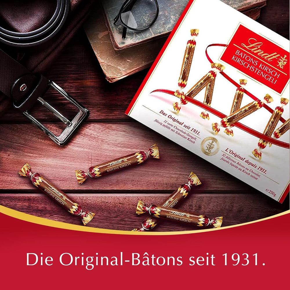 Bastoane de ciocolată Lindt cu tulpini de cireșe | 250 g | 32 de batoane de ciocolată cu lapte umplute cu lichior lichid de cireșe elvețiene | Cadou de ciocolată cu alcool | Cadou de ciocolată