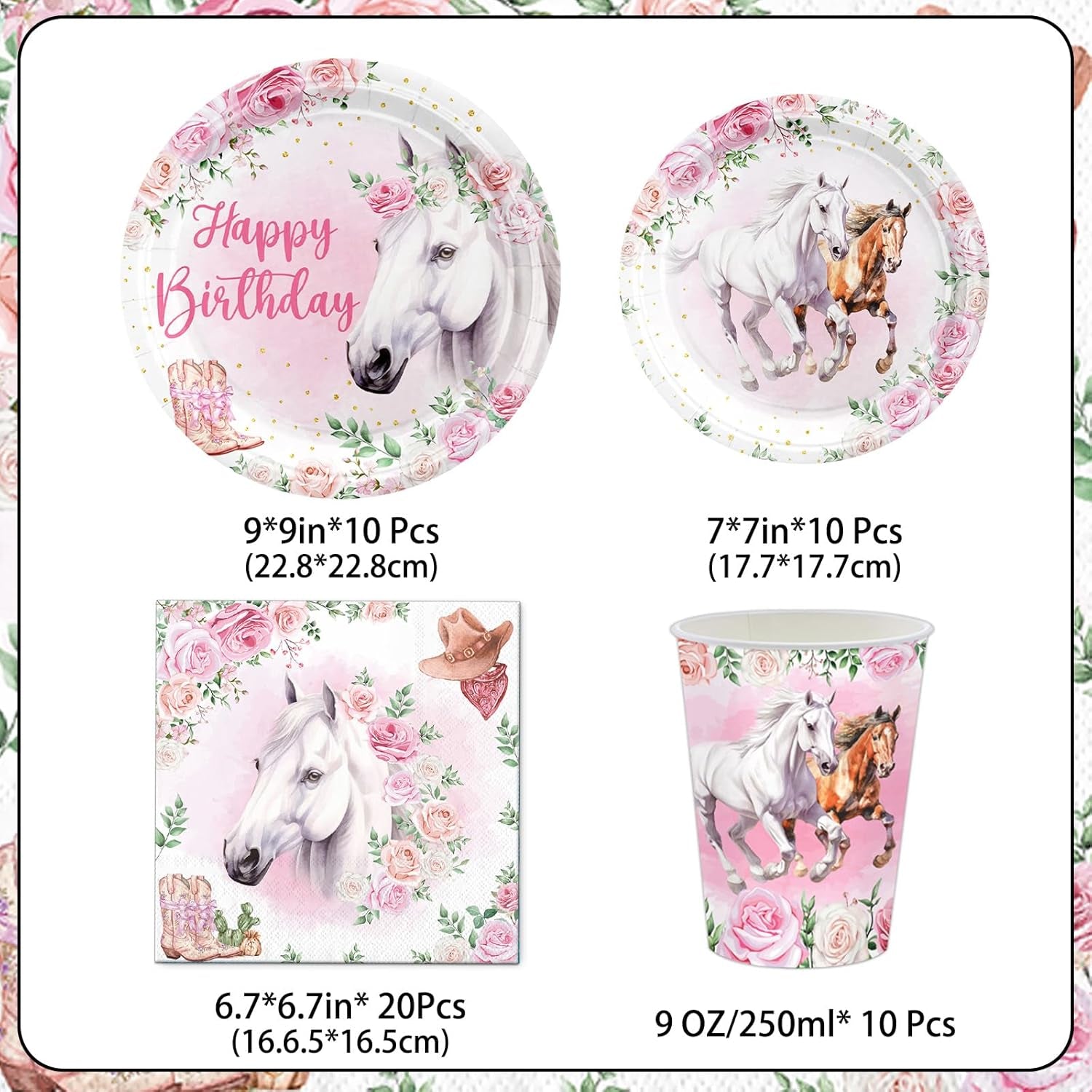 Set de petrecere cu 51 de piese, farfurii de hârtie cu cai roz, pahare, șervețele, pentru copii, fete, băieți, decorațiune de masă cu cai pentru ziua de naștere