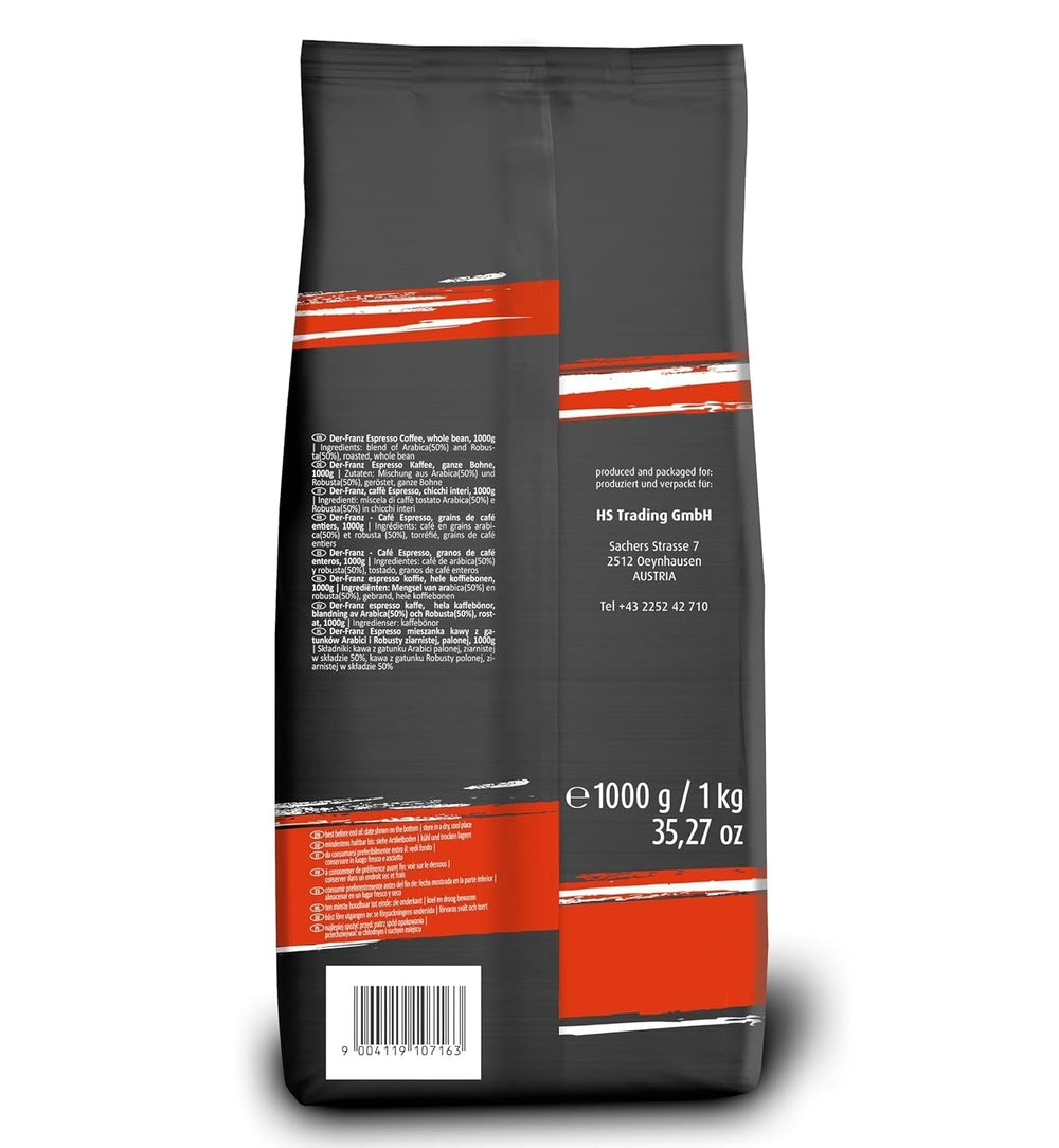 Der-Franz Espressokaffee, Stärke 5/5, Arabica und Robusta, ganze Bohnen, 4 x 1000 g Kaffee Naty Shop