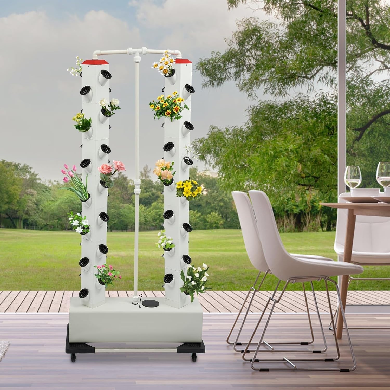 Sistem hidroponic cu 56 de găuri, 7 niveluri, sistem de creștere fără sol, kit de creștere, turn aeroponic, sistem de creștere hidroponic cu pompă de hidratare, temporizator, adaptor, pat germinativ și ghivece cu plasă