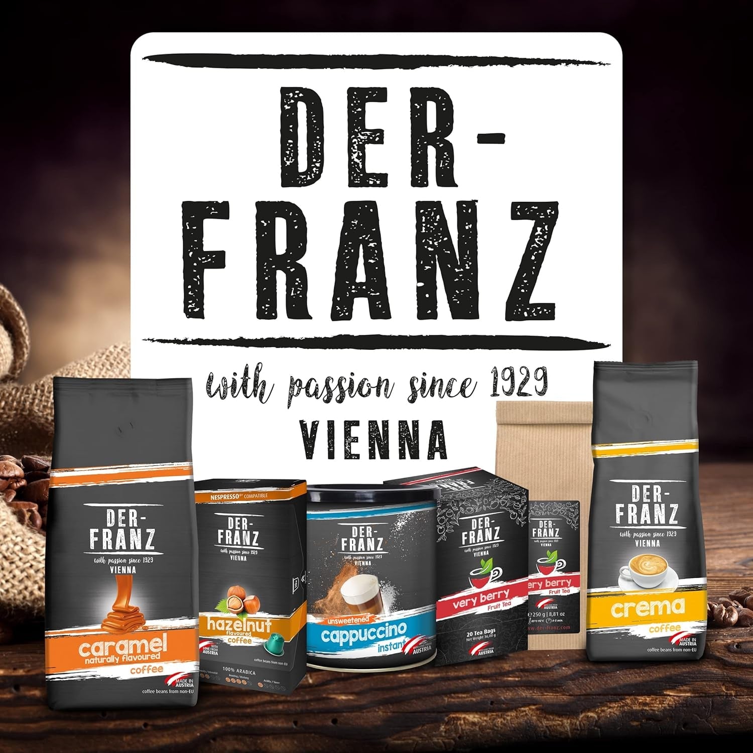 Der-Franz Kaffee Pack, ganze Bohne, aromatisiert, 5 x 500 g (1 x Haselnuss, 1 x Vanille, 1 x Schokolade, 1 x Zimt, 1 x Karamell)