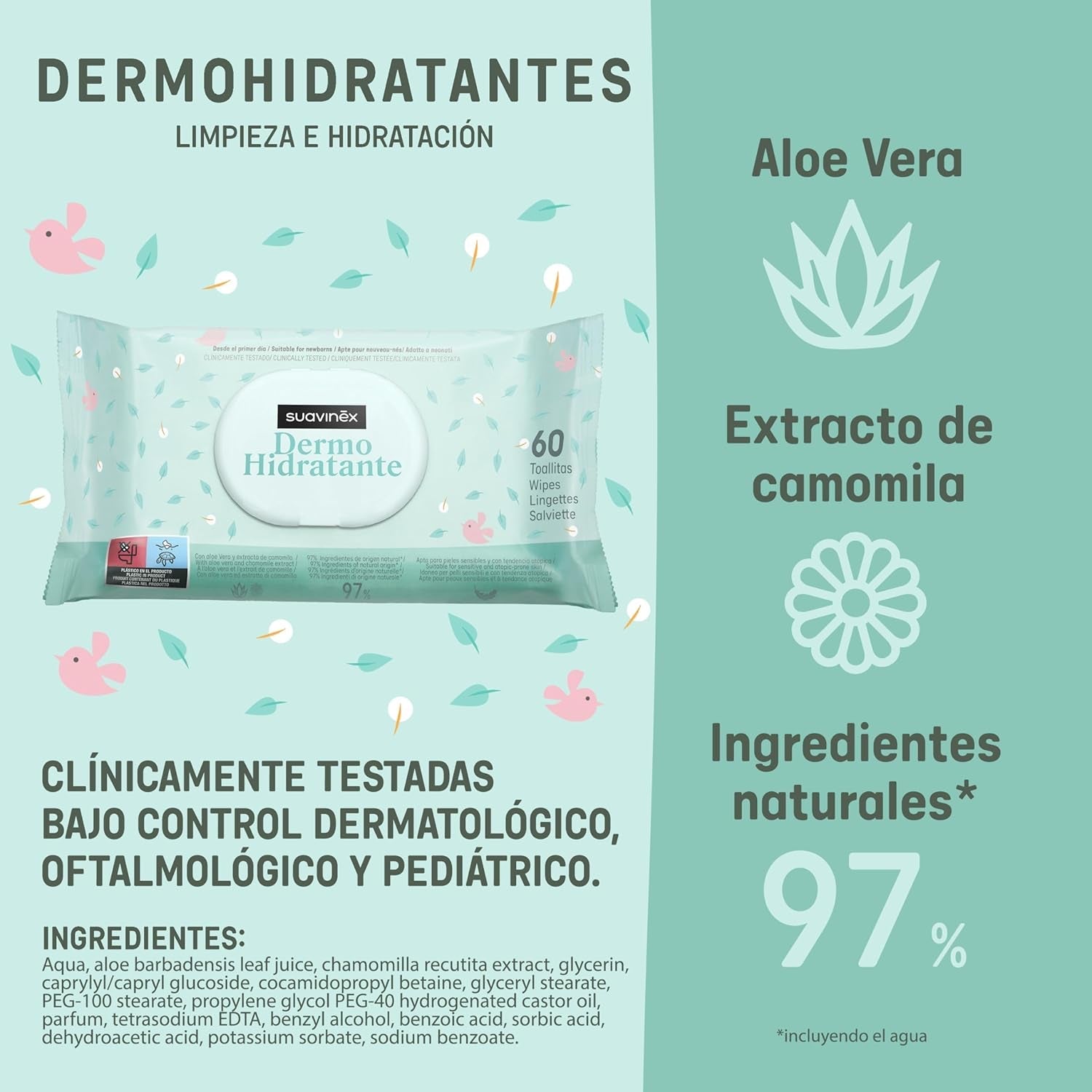 Suavinex, pachet de 14 a câte 60 de șervețele umede pentru bebeluși (840 de șervețele în total), hidratante, potrivite pentru tenul atopic, 95% ingrediente naturale
