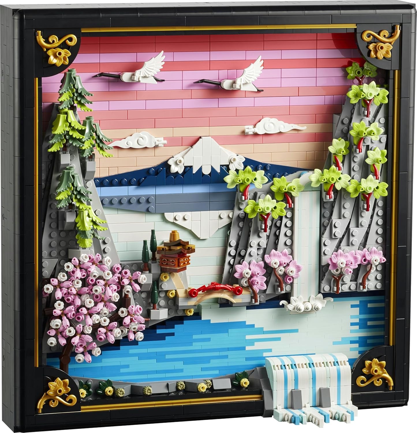 LEGO Art Japanische Kirschblütenlandschaft - DIY Set - Bauset für Erwachsene - 3D Wandkunst im Rahmen mit dem Fuji-Berg, Sakura (Kirschblüten) und Wasserfall - Geschenk für Männer und Frauen - 31218