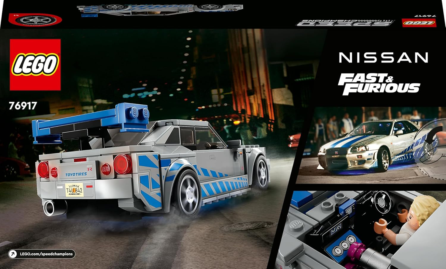 LEGO Speed Champions 2 Fast 2 Furious Nissan Skyline GT-R (R34) Rennwagen Spielzeug zum Bauen, 2023 Modell Auto-Bausatz mit Brian O'Conner Figur 76917