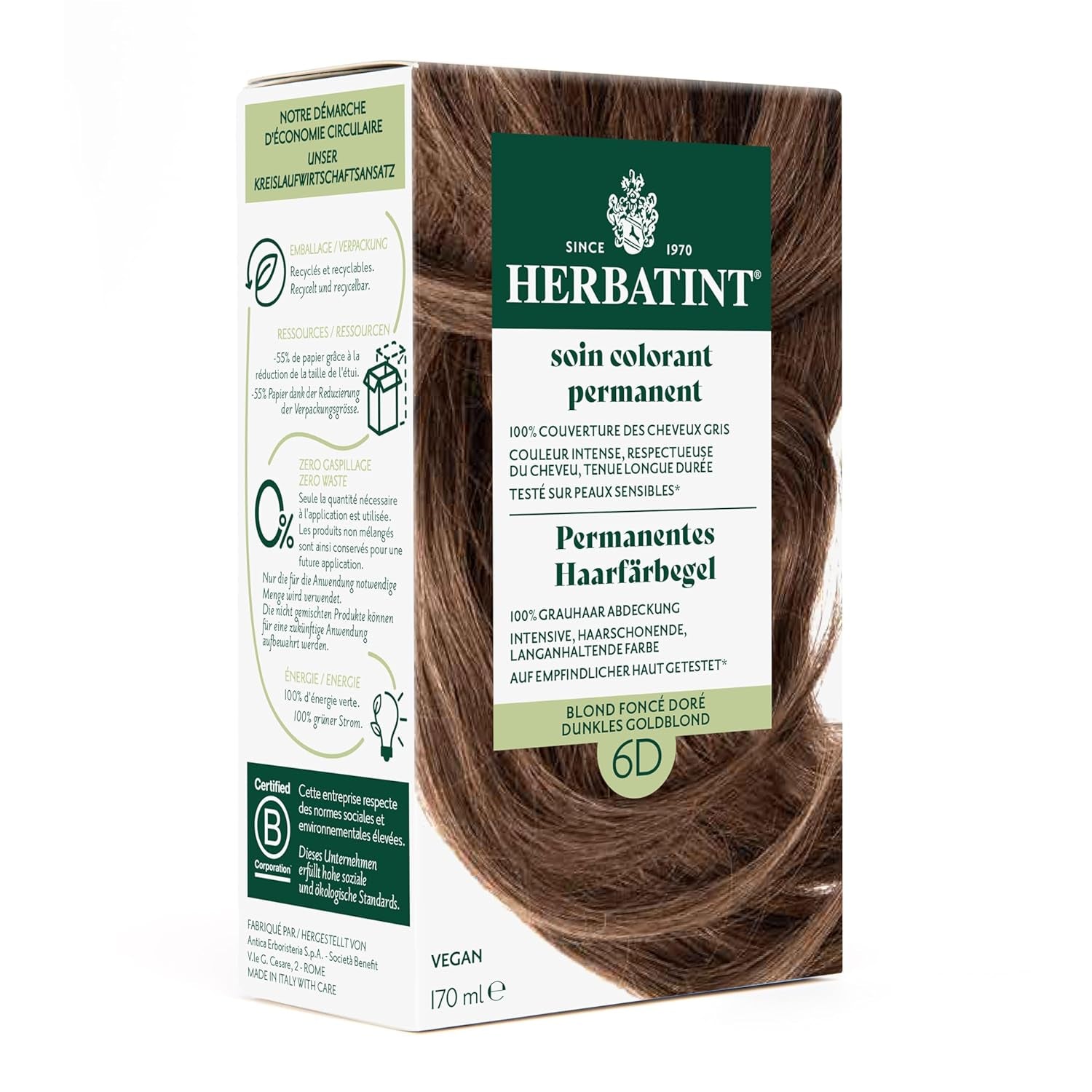 Gel pentru vopsirea permanentă a părului 6N blond închis - 170 ml I Fără amoniac, acoperire 100% a părului gri I Testat pe piele sensibilă, cu 8 extracte de plante Vopsea pentru par Naty Shop 6D Blond auriu închis