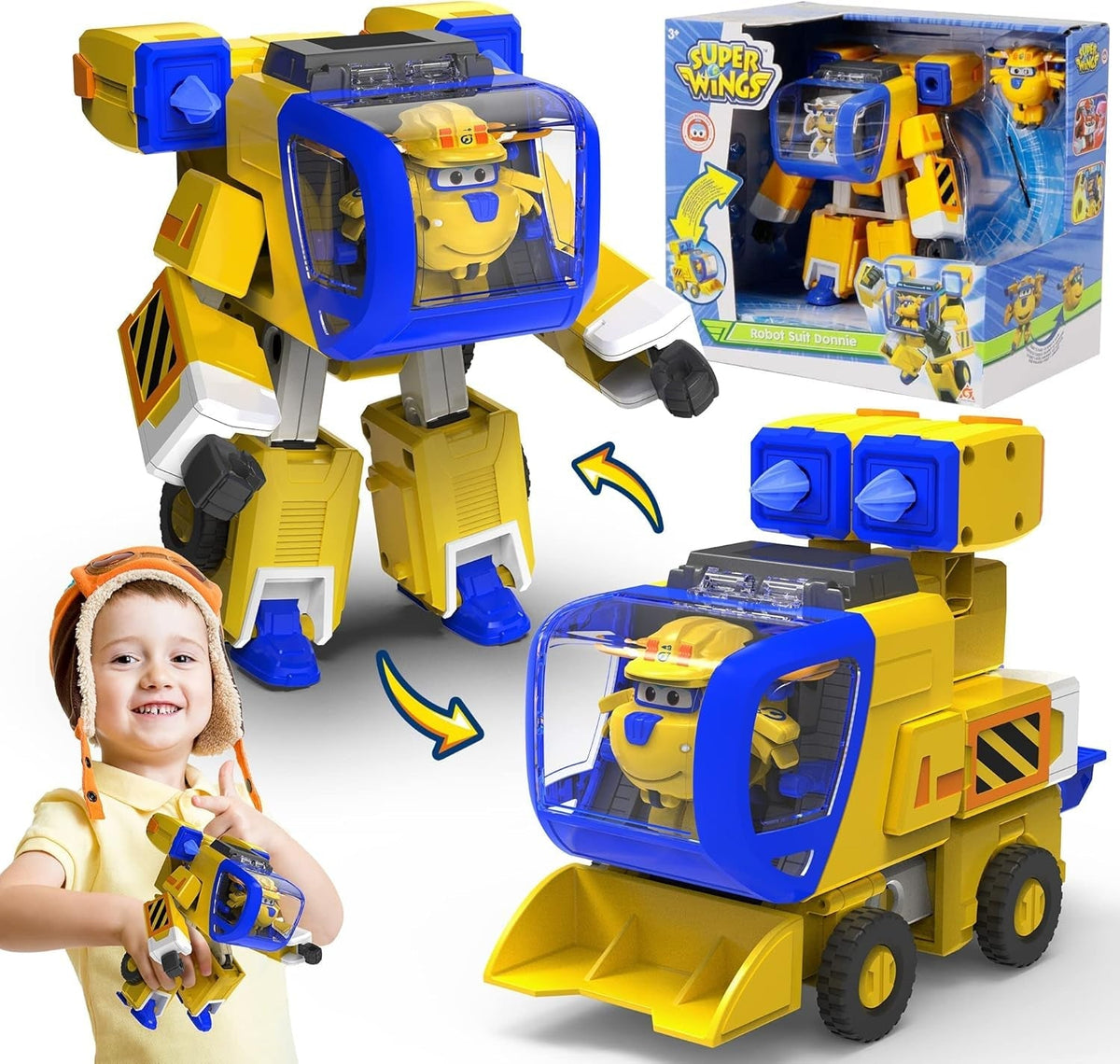 Super Wings EU750322 – Transformierender neuer Roboteranzug Donnie, ca. 23 cm große Actionfigur für Kinder, verwandelbares Spielzeugflugzeug und Roboterfigur, gelbe Actionfiguren, Naty Shop Donnie
