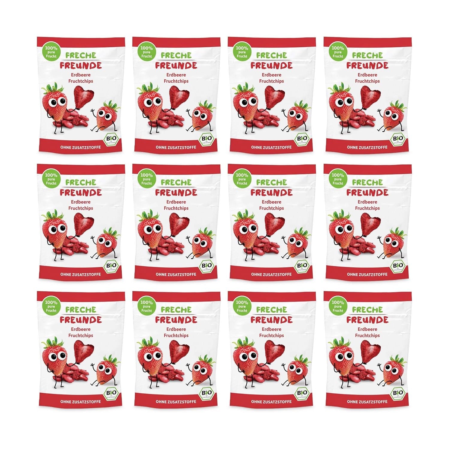 Chipsuri de fructe organice „100% Căpșuni”, chipsuri de căpșuni liofilizate, pachet de 12 (12 x 12 g) și Crispy Hearts Banana & Căpșuni, gustare organică pentru copii și bebeluși, (9 x 30 g) 270 g