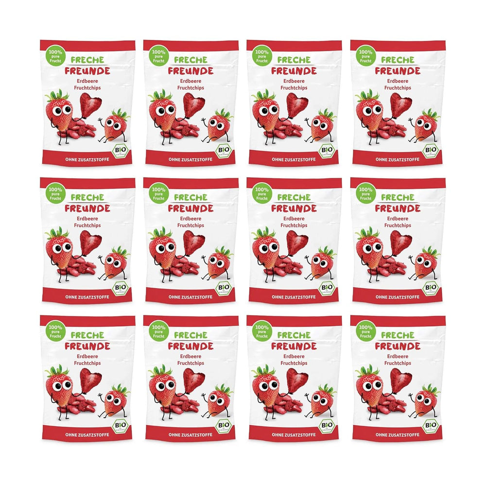 Chipsuri de fructe organice „100% Căpșuni”, chipsuri de căpșuni liofilizate, pachet de 12 (12 x 12 g) și Crispy Hearts Banana & Căpșuni, gustare organică pentru copii și bebeluși, (9 x 30 g) 270 g
