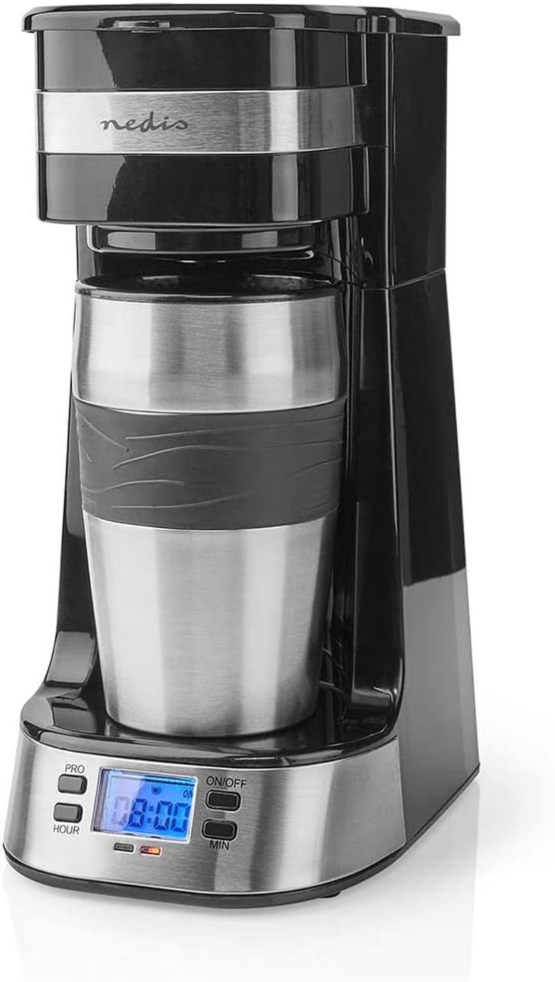 Espressor NEDIS - Cafea Filtrată - 0,4 l - 1 Ceașcă - Cronometru - Negru / Argintiu