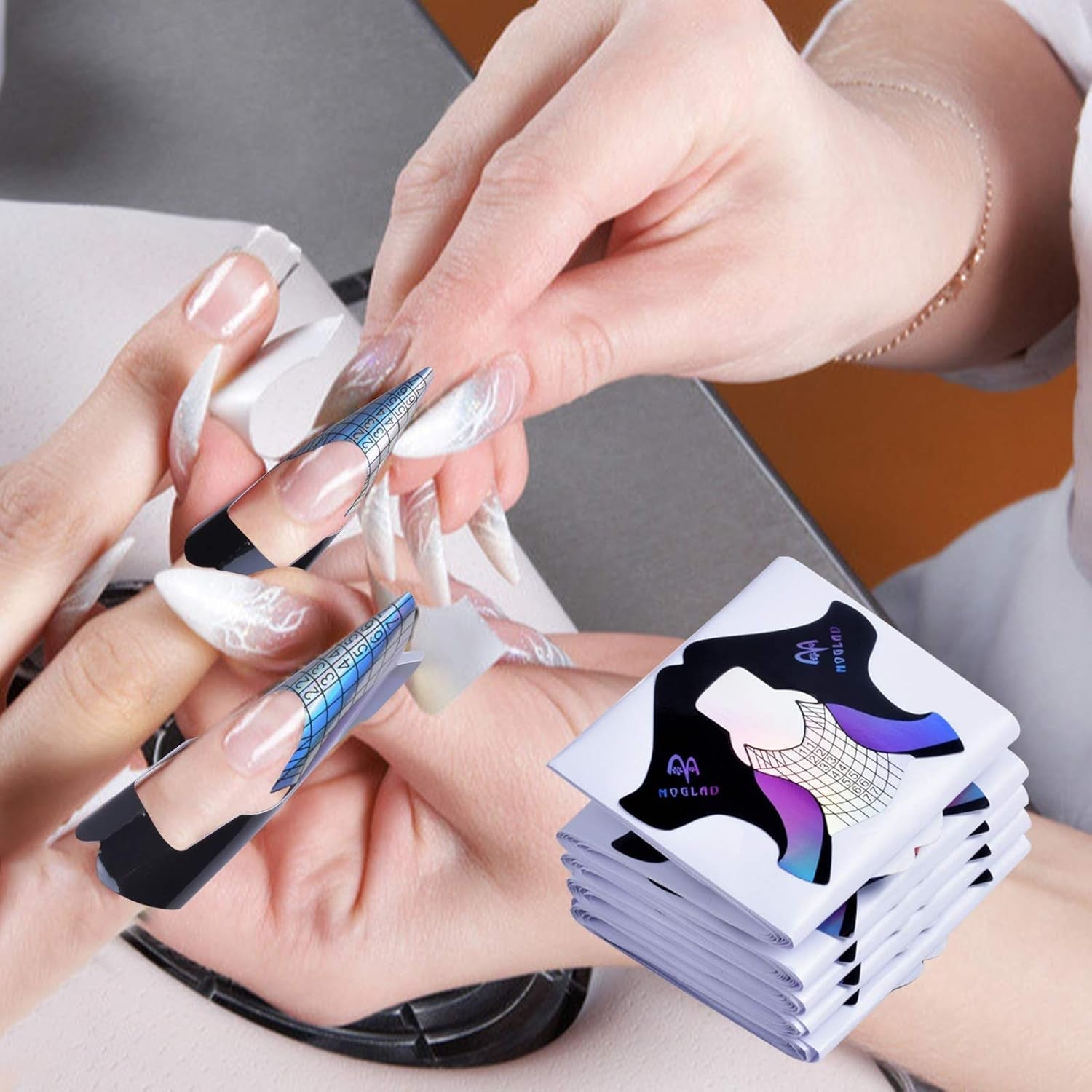 100 de bucăți de șabloane pentru unghii cu gel, accesorii pentru unghii artificiale, Sablone nail autoadezive pentru nail art, unghii cu gel, extensii de unghii artificiale