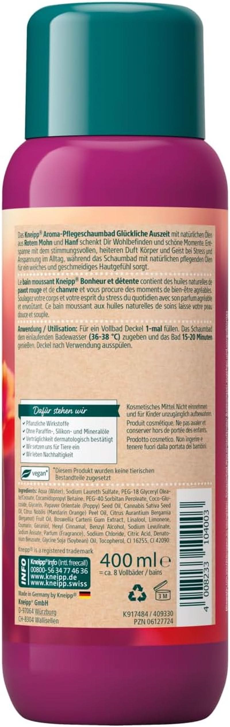 Kneipp Aroma, spumă de îngrijire pentru baie Happy Time Out - cu uleiuri naturale din mac roșu și cânepă, 400 ml Naty Shop