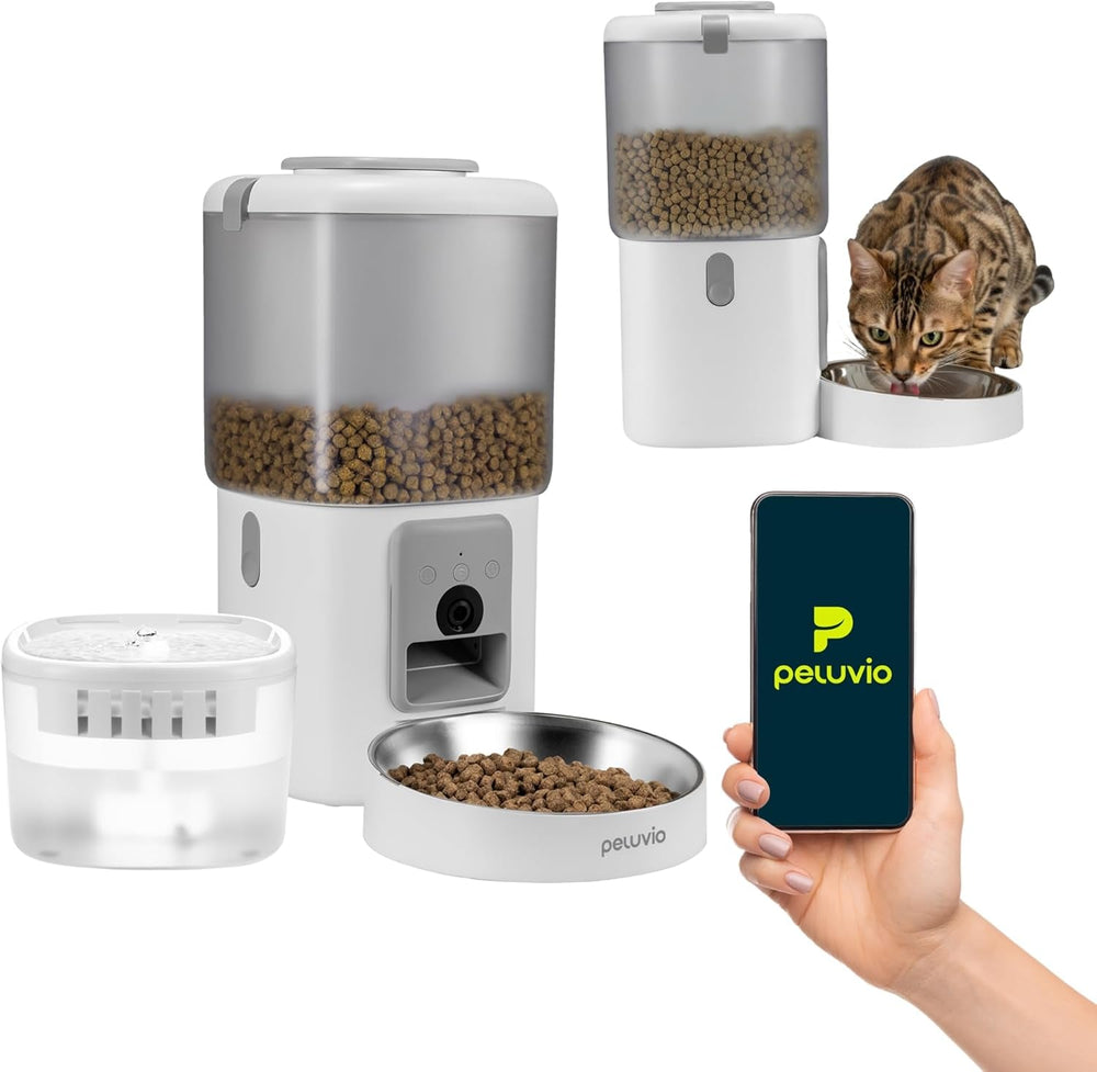 Hrănitor automat pentru pisici Feast cu aplicație și cameră, video live cu vedere nocturnă și audio bidirecțional, control al porțiilor, bol din oțel inoxidabil, fântână de băut pentru pisici cu filtru, 4,5 l și 2,5 l