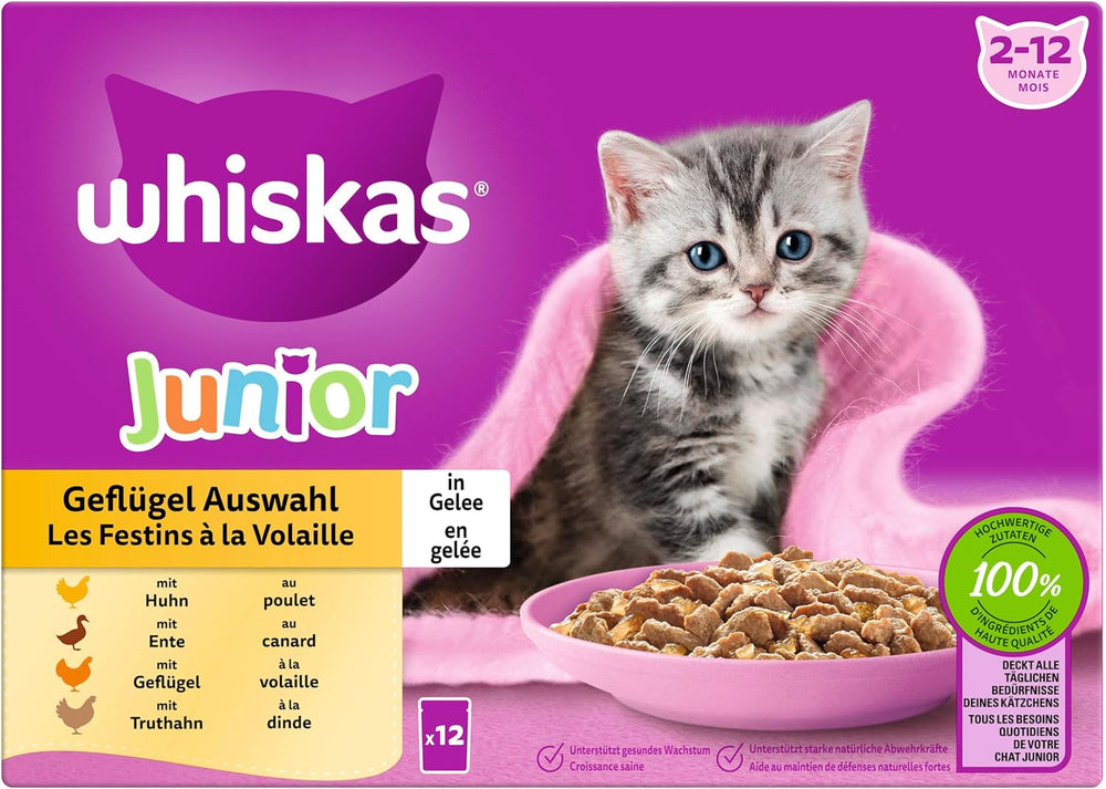 WHISKAS Junior Pliculețe pentru Hrană Umedă, Pachet Multiplu, Selecție de Carne de Păsări în Jeleu, 12 x 85g