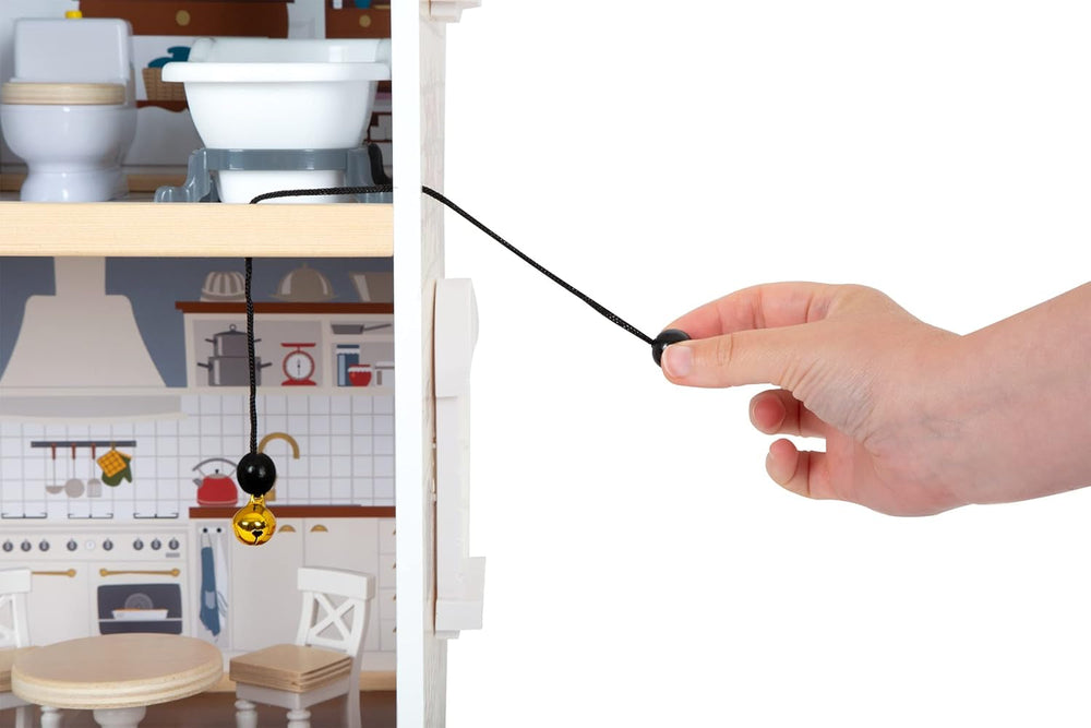 Casă de păpuși din lemn Small Foot, cu 3 etaje, față deschisă și 12 piese de mobilier, pentru copii cu vârsta de la 3 ani în sus, 11802, alb gri