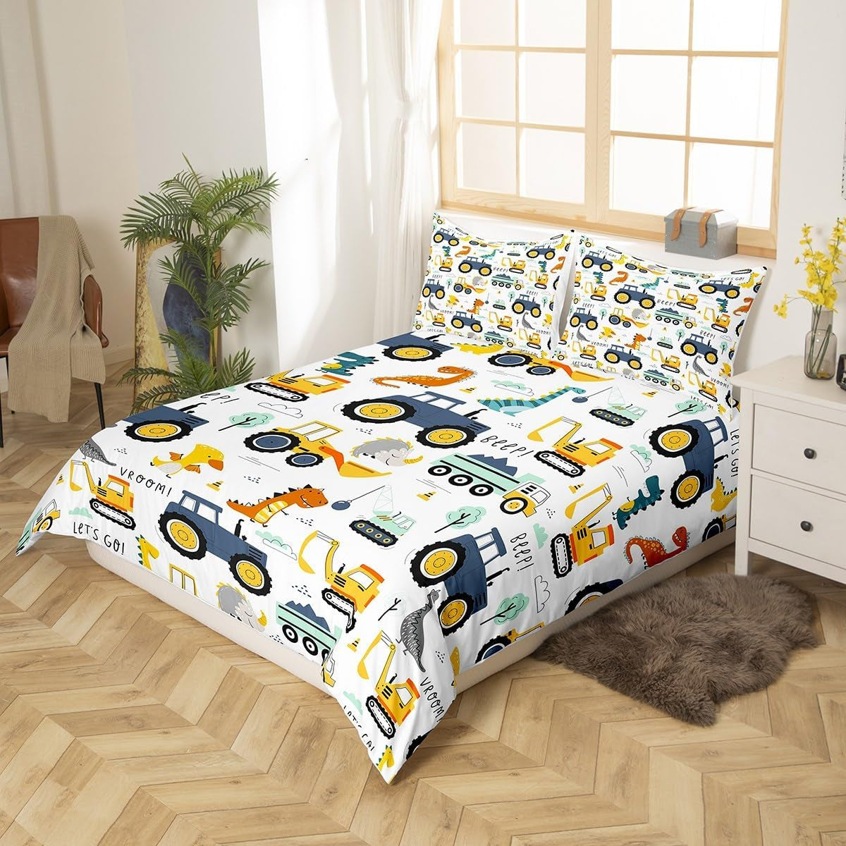 Jungen Cartoon Auto Bettwäsche Set 135X200,Kinder Bau Fahrzeuge Tröster Abdeckung Für Kind Kleinkind Teens,Dinosaurier Bettbezug,Traktor Maschinerie Bagger Bettdecke Abdeckung,Lkw Autos Bettwäsche Naty Shop