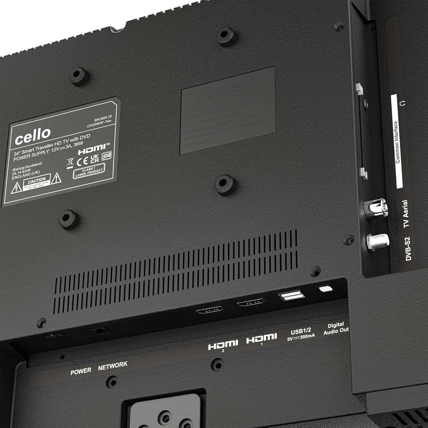 Cello C2425WSF Trav 24" 230V 12V Full HD SMART/DVD TV pentru camping, player DVD integrat, tuner triplu fără ramă, Bluetooth WebOS de la LG, difuzor Pitch Perfect pentru autorulote și camion [2025]