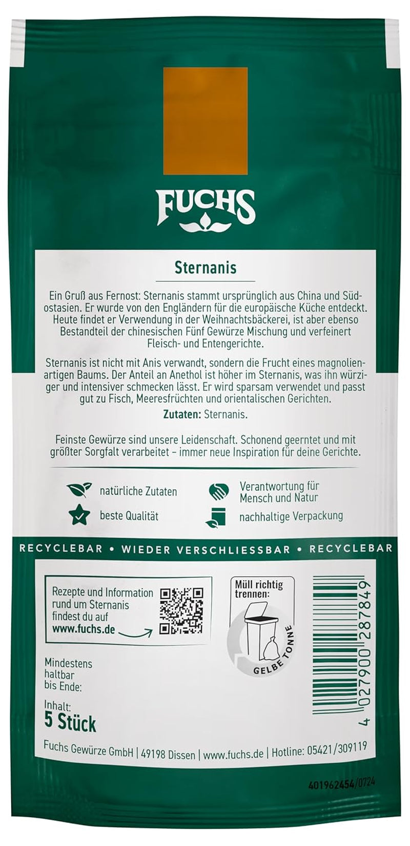 Fuchs Gewürze - Sternanis ganz | Aus natürlichen Zutaten | 9 g im wiederverschließbaren, recyclebaren Beutel