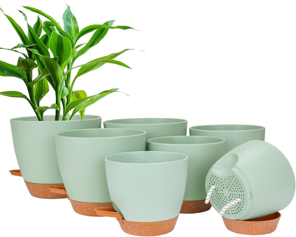 Ghiveci de flori CSYY, set de 7 ghivece de flori din plastic cu sistem de udare, 20,3/19/17,7/16,5/15,2/14/12,7 cm, ghiveci cu auto-udare și farfurie, pentru interior și exterior