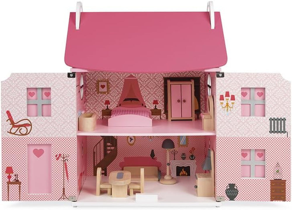 Janod - Mademoiselle Puppenhaus aus Holz, 3 Etagen und 11 Zubehörteile, Spielzeugnachbildung, fördert die Fantasie, ab 3 Jahren, J06581, Pink Naty Shop Dollhouses