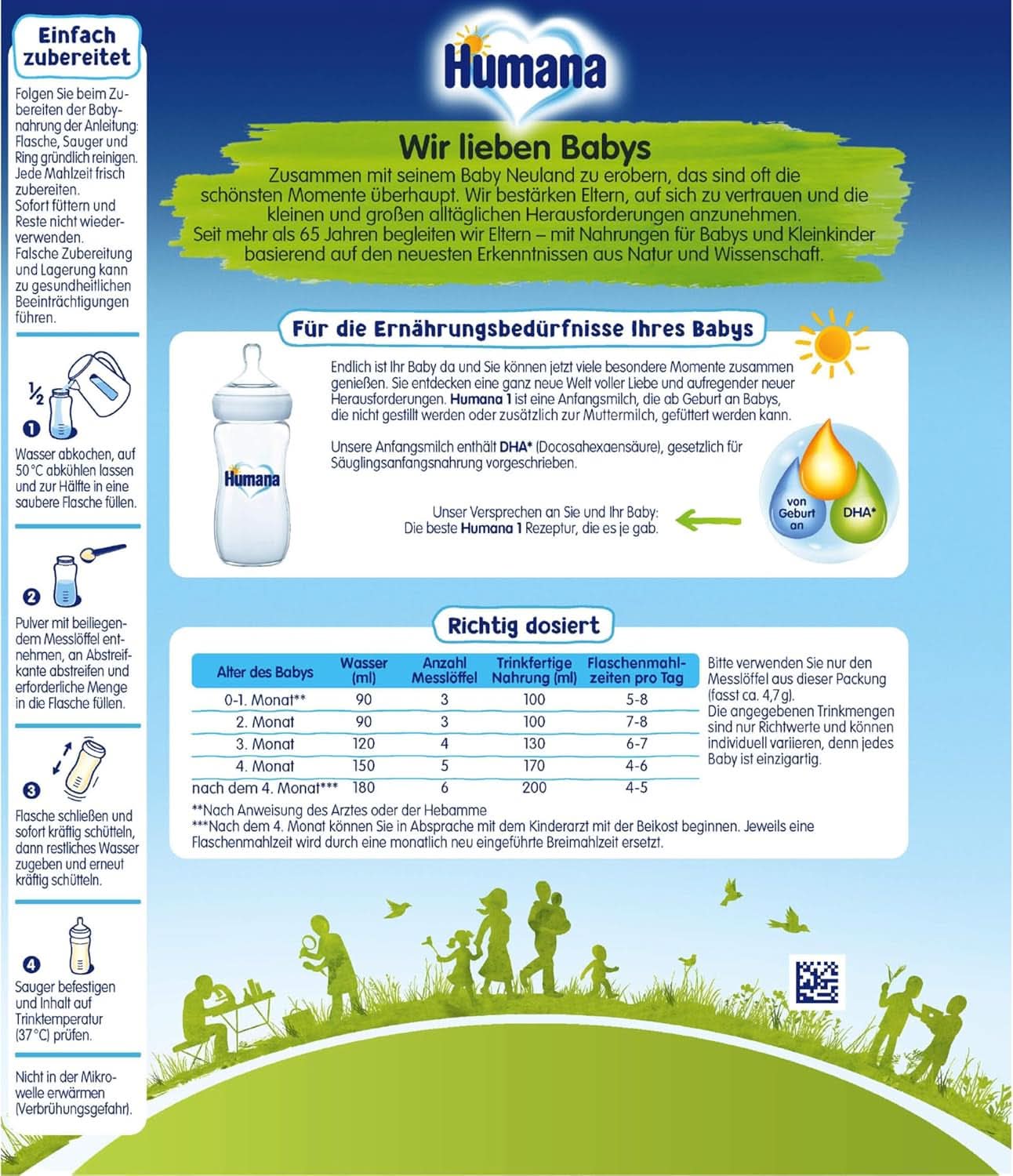 Humana Initial Milk 1, ab der Geburt, Milchpulver für Säuglingsmilch, zusätzlich zur Muttermilch oder als alleinige Nahrung für Babys, Erstnahrung nur mit DHA und Laktose, 750 g Mutter und Kind Naty Shop