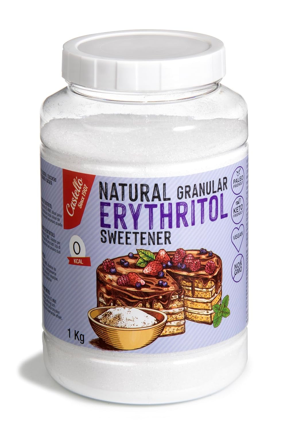 Natürliches Erythrit - Kristallzucker | 10G = 7G Zucker | Natürlicher Zuckerersatz - 0 Kalorien - 0 Glykämischer Index - Keto Und Paleo - 0 Netto-Kohlenhydrate - Kein GVO - Castello since 1907-1Kg Indulcitori Naty Shop 1 Kg (1Er Pack)
