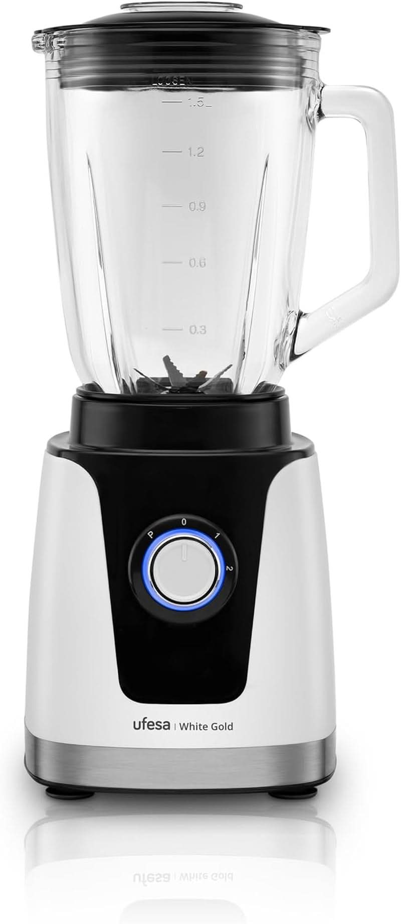 Ufesa White Gold Standmixer, 1500W Leistung, 1,5L Glaskrug, Geschwindigkeitsregler Mit Led-Licht, Ice Crusher, 6 herausnehmbare Edelstahlklingen, 2 Geschwindigkeiten + TURBO Mutter und Kind Naty Shop