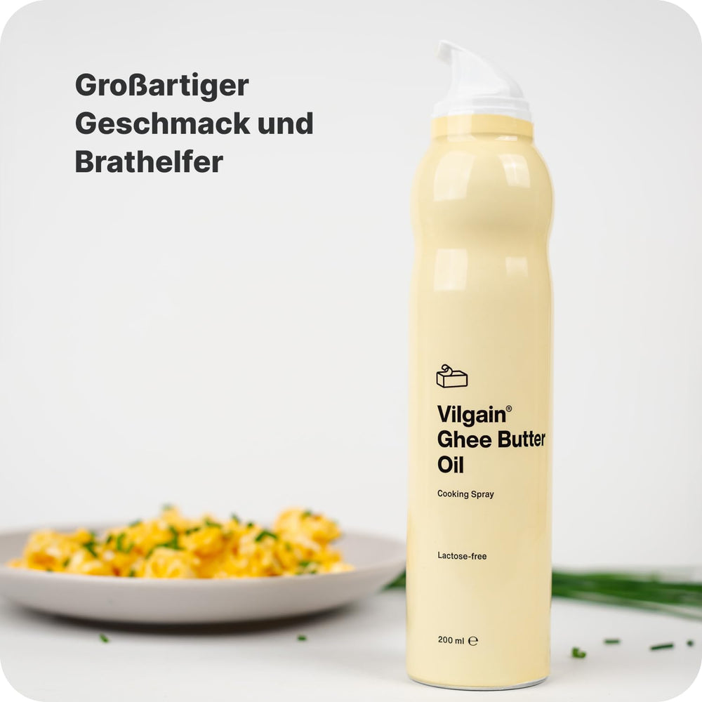 Vilgain Ghee Spray mit Avocadoöl | Laktosefrei, zum Kochen & Backen | Rauchpunkt 195°C, herzgesund, BRC-zertifiziert | Ideal für laktoseempfindliche Menschen Geschmacks-Harmonie, 200ml