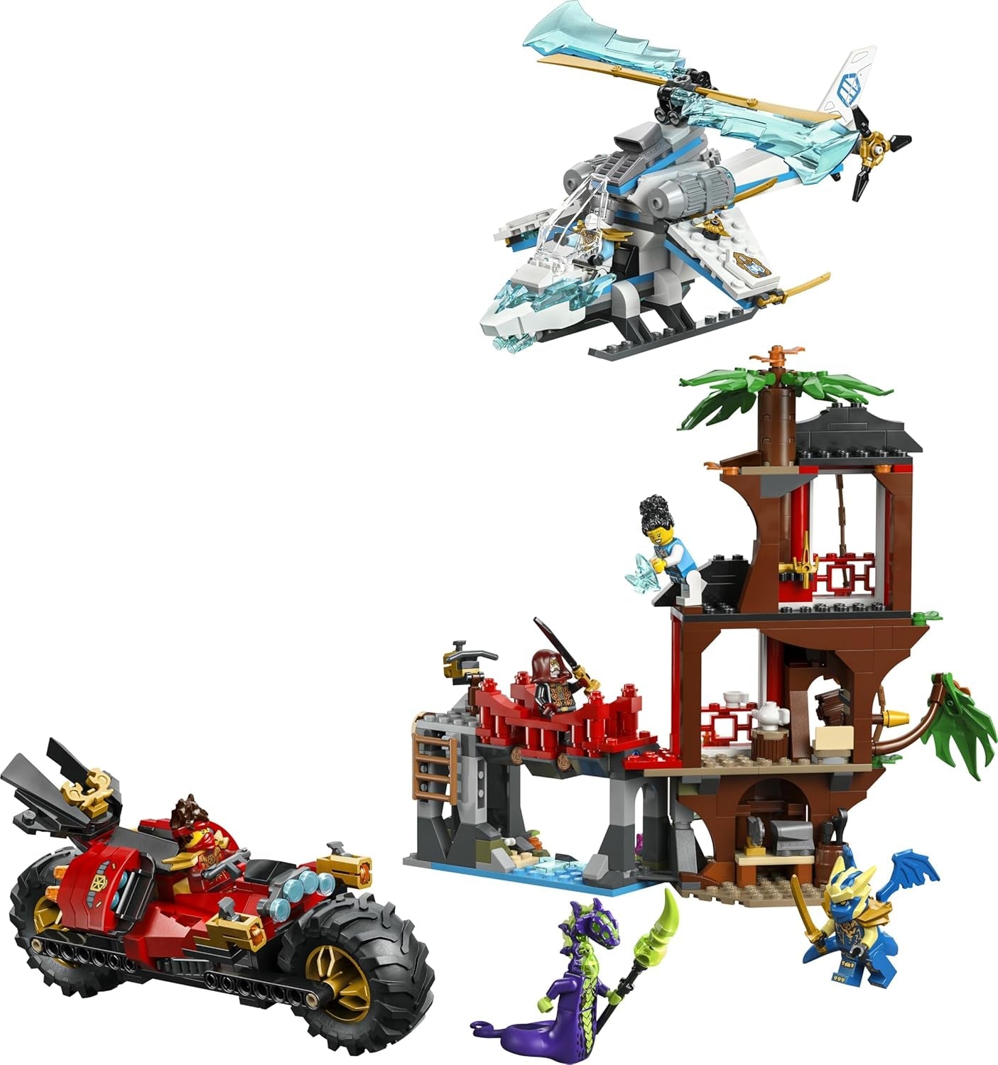 LEGO NINJAGO Showdown am Baumhaus mit dem Ninja-Bike - Action Spielzeug mit Motorrad, Hubschrauber, 6 Minifiguren und Schwertern - Geschenk für Jungen ab 7 Jahren und Fans - 71857
