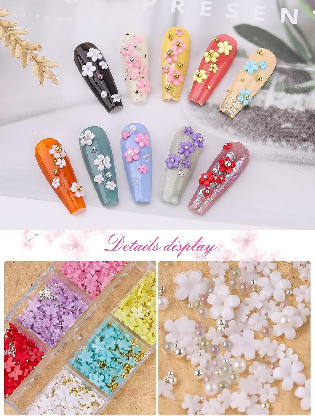 Kalolary Flori Nail Art Talismani, Flori Acrilice 3D pentru Unghii Ornamente Florale cu Cinci Petale Pietre Prețioase pentru Unghii Strasuri pentru Unghii Mărgele Metalice Mixte pentru Design Nail Art DIY Confecționarea Bijuteriilor (2 Cutii)