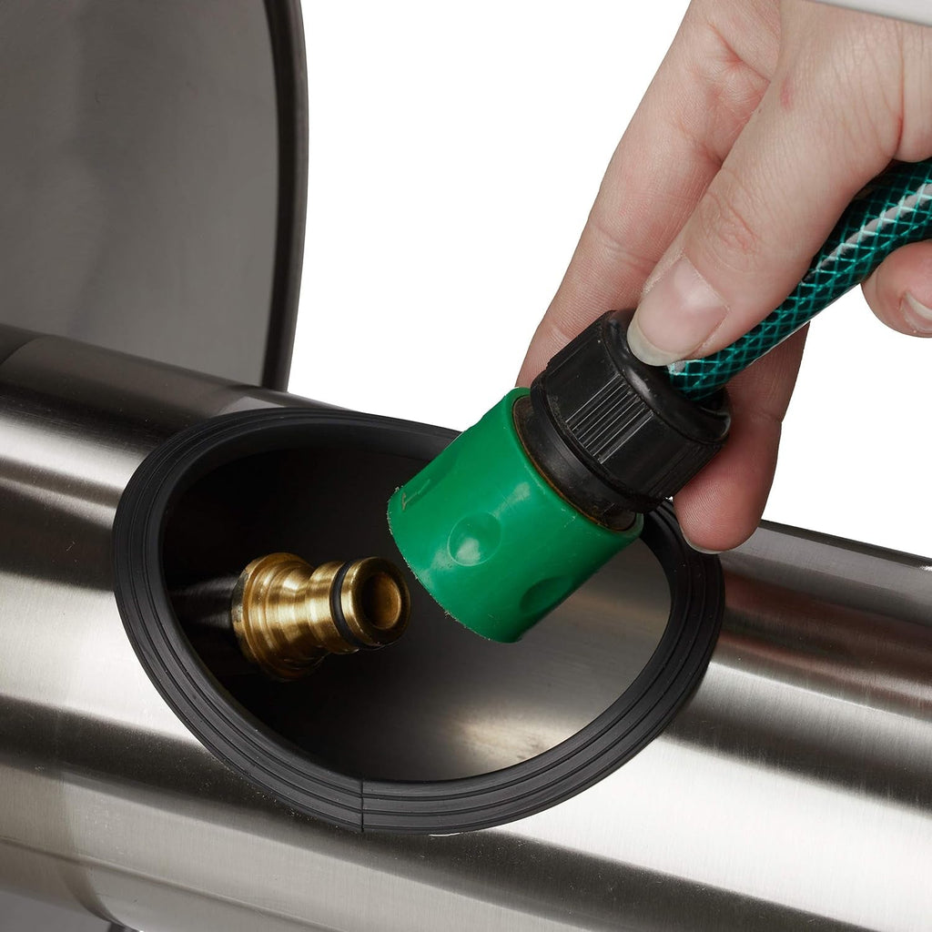 Relaxdays Rolă metalică pentru furtun, înfășurare furtun goală, oțel inoxidabil și aluminiu, montare pe podea și perete, 30,5x45x36,5 cm, argintiu