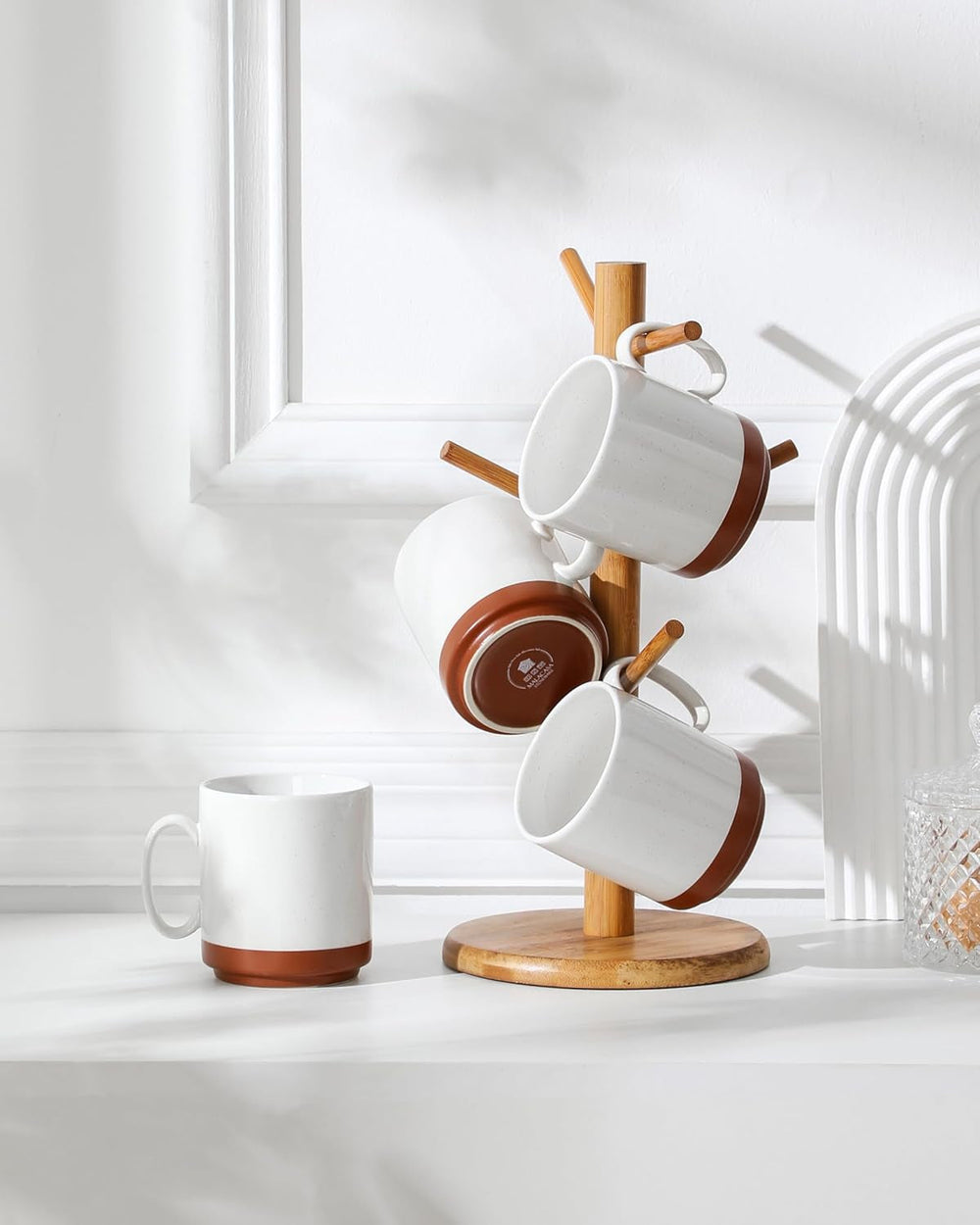 Set de căni de cafea MALACASA, set de cești din gresie 350 ml pentru 4 persoane, cești de cafea moderne pentru ceai, suc, latte, cappuccino, ciocolată caldă. Se poate spăla în mașina de spălat vase și la cuptorul cu microunde, seria TARA, alb kaki