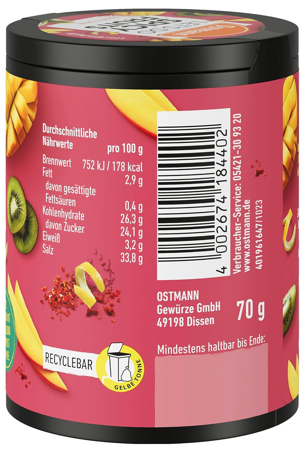 Ostmann Gewürze - Let's Do Spicy Fruits | Würzmischung für süßes Obst kreiert von Lalaleluu | scharfes Obst-Topping mit Chili und Pfeffer, lecker auf Apfel oder Mango | 70 g in recyclebarer Metalldose
