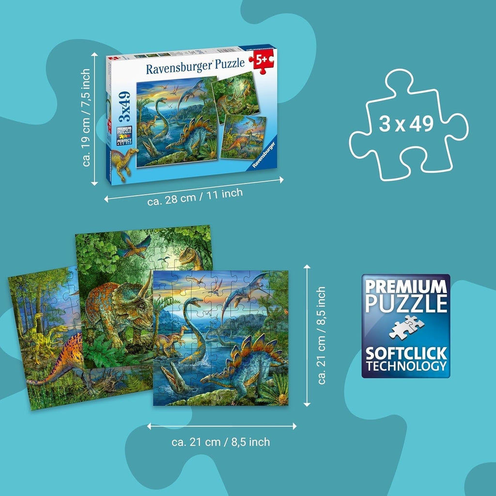 Ravensburger Puzzle jigsaw pentru copii - 09317 Fascinația dinozaurilor - puzzle jigsaw pentru copii de 5 ani și peste, cu 3X49 piese Puzzle Naty Shop