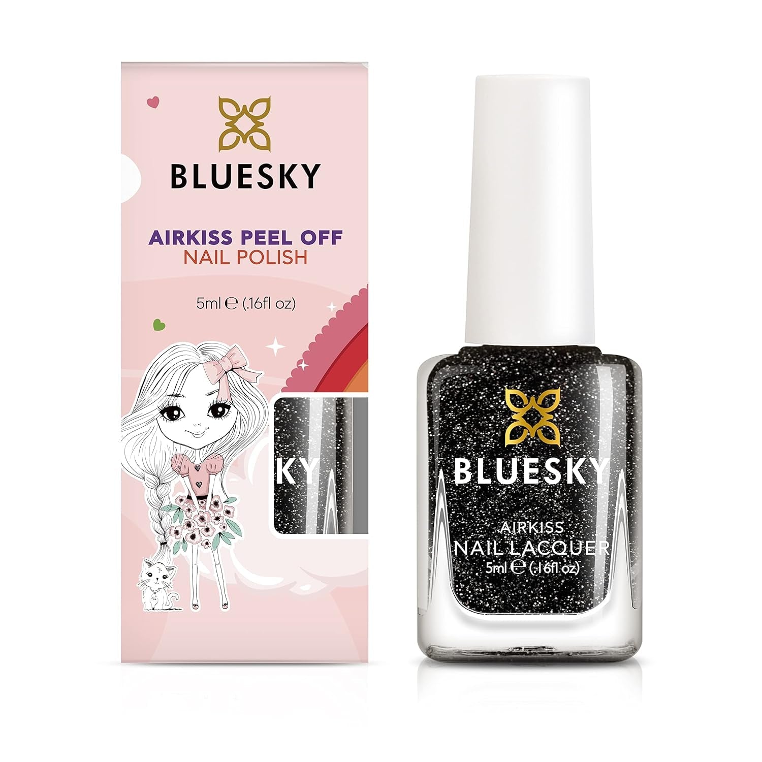 Oja pentru unghii Bluesky Kids - Rockstar, Sclipici negru, Ușor de îndepărtat, Non-toxică, Pe bază de apă, Inodoră - Oja gratuită pentru copii, 5 ml, Pachet de 1